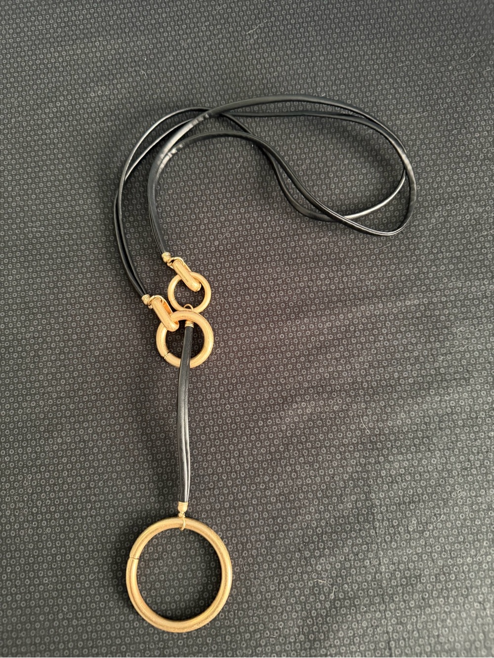 Black Leather and Brushed Gold Metal Circle Necklace